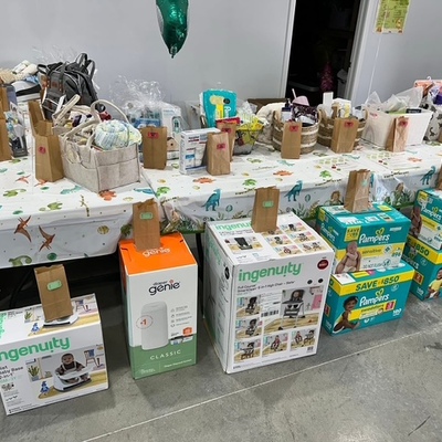 Some of the door prizes from our 2025 shower in Seneca.